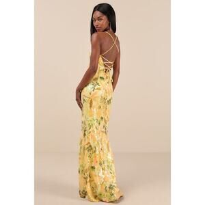 Lulus Glittering Icon Yellow Iridescent Sequin Lace-up Maxi Dress - Size S (NWT)
